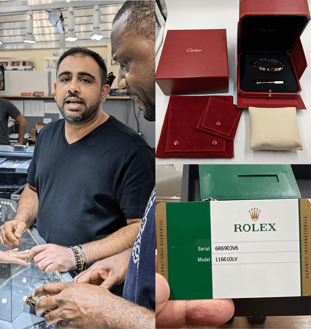 Farid at his booth at 55 W 47th Street, Booth 200, displaying his counterfeit Cartiers